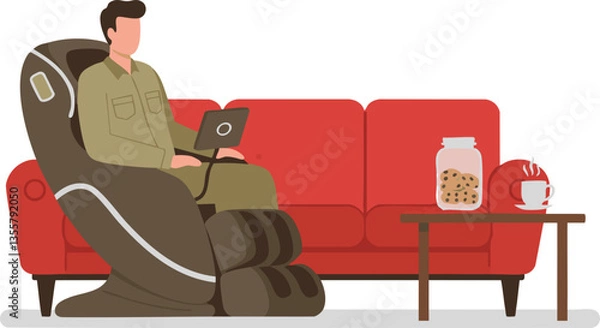 Fototapeta Government employee relaxing with a drink on sofa and foot massager.