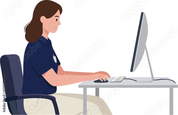 Fototapeta Female worker typing on computer, focused on the screen.