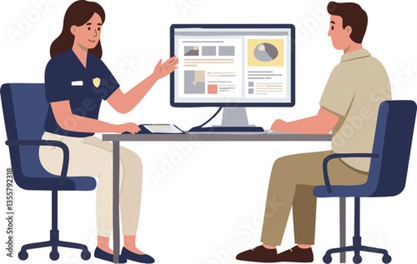 Fototapeta Official consultation between civil servant and client in front of a computer screen.