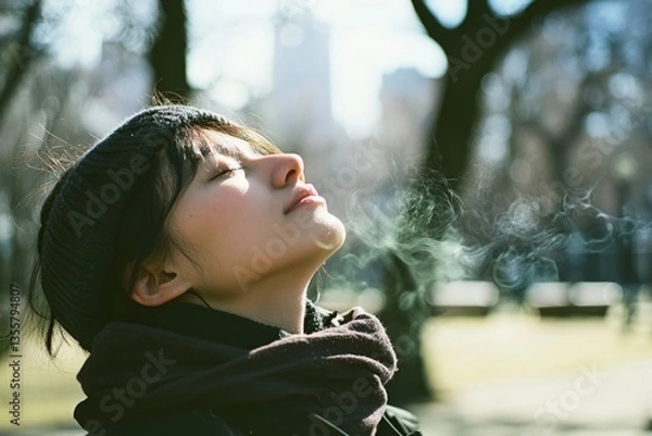 Obraz A person closes their eyes, taking a deep breath as the breeze moves around them. The quiet park feels peaceful and calm