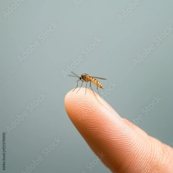 Fototapeta Close-Up of a Mosquito on a Human Finger, Macro Photography