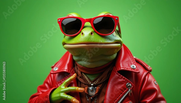 Fototapeta A cool frog wearing red sunglasses and a red leather jacket on a green background portrait style