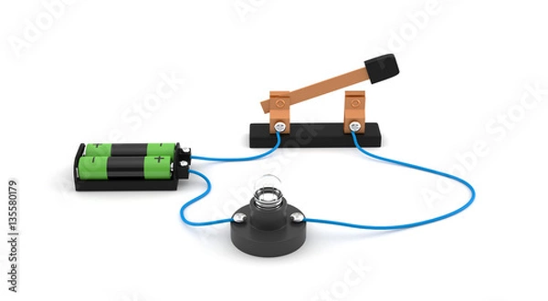 Fototapeta Electric circuit showing open switch using a light bulb and batteries white background.