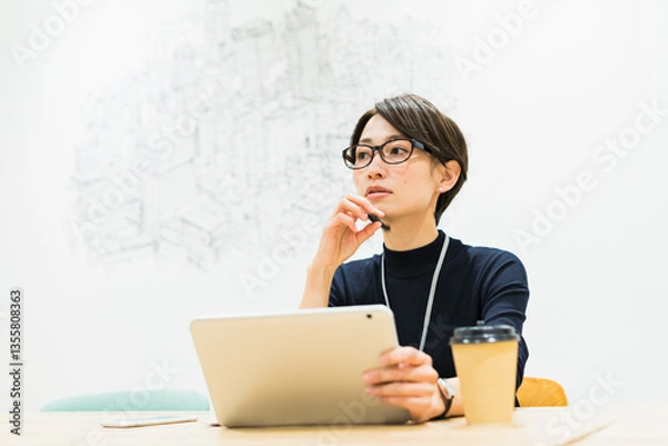Fototapeta オフィスでタブレットを見る30代日本人女性
