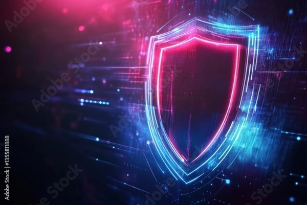 Fototapeta Futuristic security design featuring a glowing shield symbol in a digital landscape with neon lights and advanced technology elements