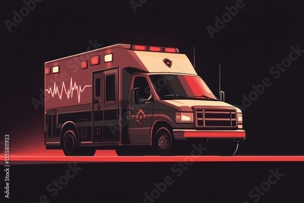 Fototapeta A modern vector design of an ambulance with a heartbeat line in the background, celebrating EMS workers.