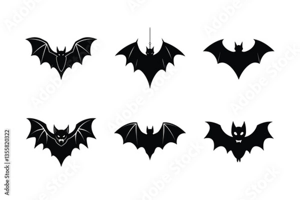 Fototapeta Six Silhouetted Bats Against a White Background