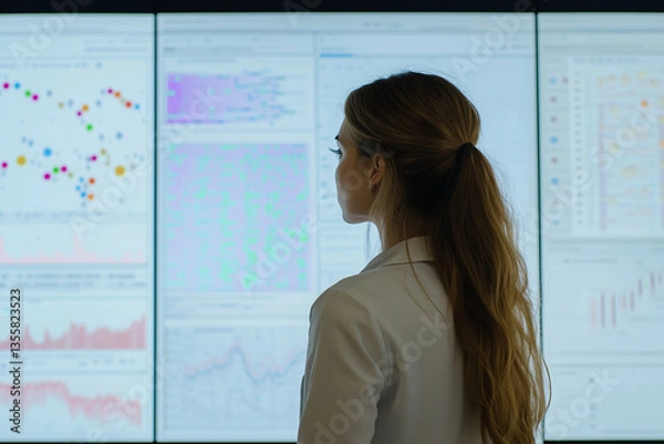 Fototapeta Female young Data Scientist Reviewing Reports Of Risk Management Department On Big Digital Screen In Monitoring Room