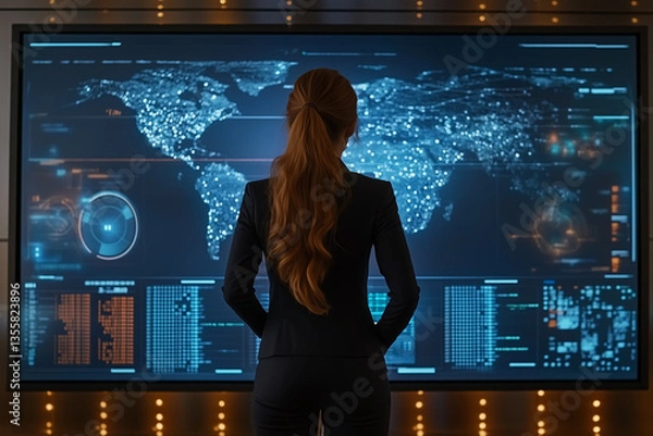 Fototapeta 
Female young Data Scientist Reviewing Reports Of Risk Management Department On Big Digital Screen In Monitoring Room