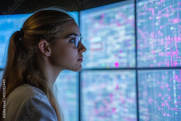 Fototapeta Female young Data Scientist Reviewing Reports Of Risk Management Department On Big Digital Screen In Monitoring Room