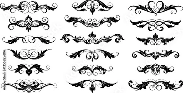 Fototapeta Swirl ornament. Filigree flourish decor, line calligraphy logo or medieval ornate frame, baroque border. Isolated black hand drawn elements for card and poster decorated vector classic art set