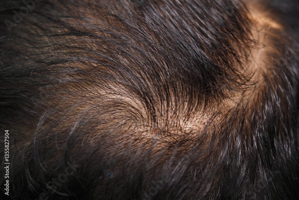 Fototapeta Close-up of scalp with unique hair swirl pattern