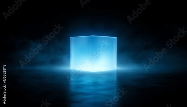 Obraz Glowing blue cube in dark smoky environment. Futuristic, mysterious, and enigmatic concept. Perfect for technology, science, or fantasy themes.