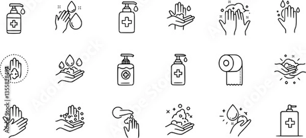 Obraz Hand wash icons. Clean palms with water and soap suds. Rub foam dryer and wipe signs. Outline towel and paper napkin. Cleanser bottle dispenser. Arm sanitizer. Vector hygiene symbols set