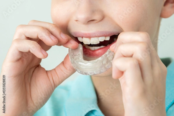 Fototapeta Close-up Of A Child's Hand Putting Transparent Aligner In Teeth