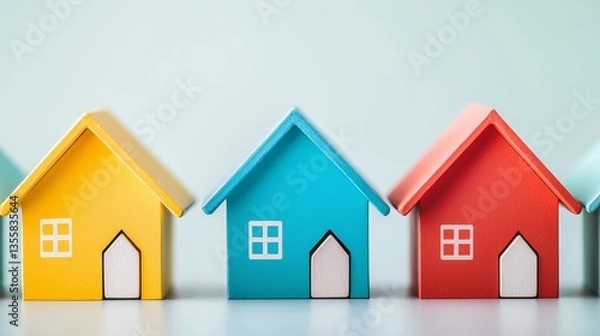 Fototapeta Real estate investing concept. Colorful miniature houses arranged in a row on a light background.