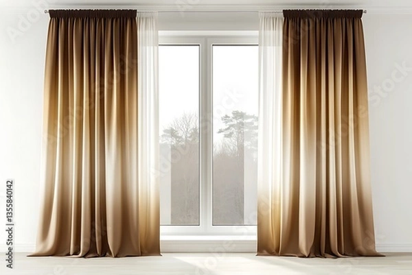 Fototapeta Interior view of a room with a bright window and elegant brown curtains. Use Interior design