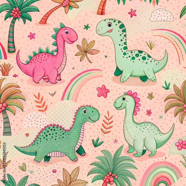 Fototapeta Seamless pattern with friendly dragons and decorative elements for children’s decor and textiles