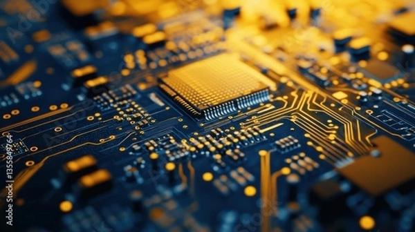Fototapeta Abstract Technology: Close-up of Blue Circuit Board and Golden Pathways
