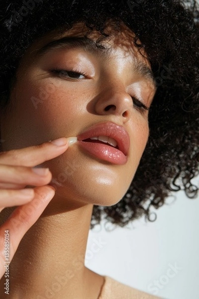 Obraz A person carefully applies lip balm, feeling the soft glide. The simple act feels comforting