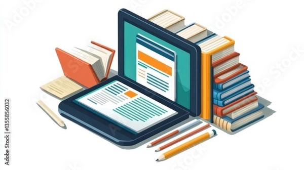 Fototapeta A digital tablet with an open online learning platform on the screen, surrounded by books and a pencil, on a transparent white PNG background 