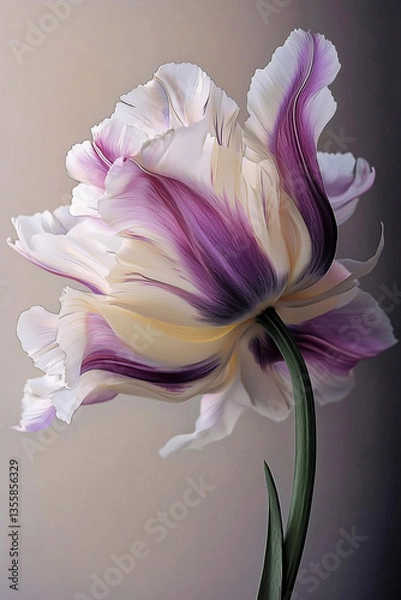 Fototapeta A pink flower, A blurry pastel toned photo of a swirling flower, white, pink and pastel yellow tulip flower with a long stem