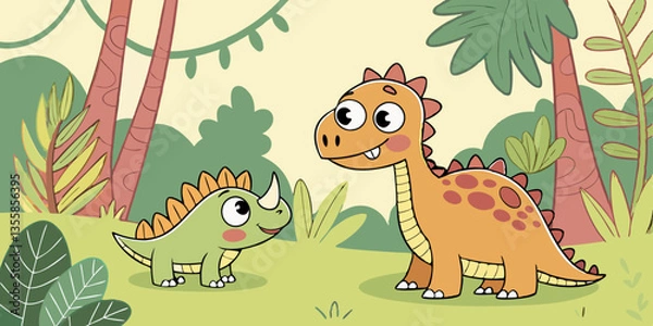 Fototapeta Cute Baby Dinosaurs in Prehistoric Forest, Design for Children. Colorful and Playful imaginary dino animals wallpaper. Vector funny dinosaur, vector background design for kids.
