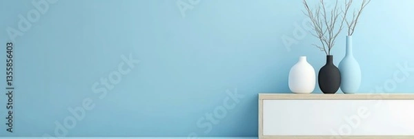 Obraz Three decorative vases with bare branches sit atop cabinet