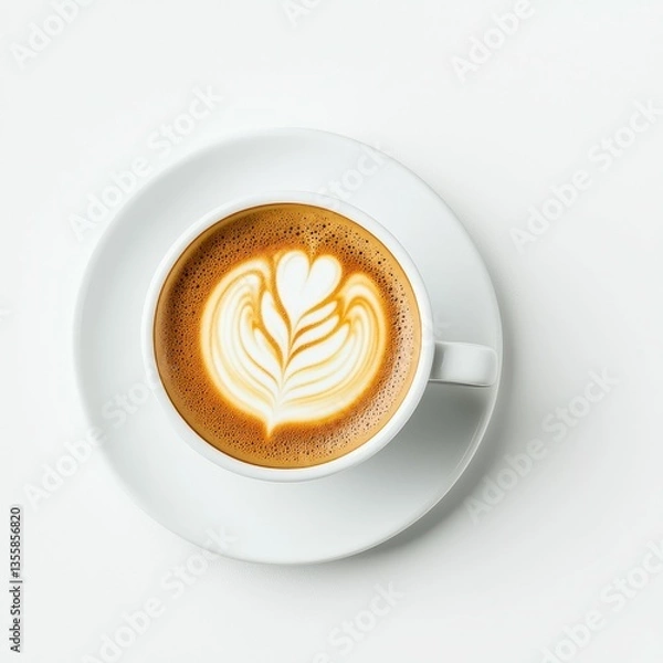 Fototapeta A beautifully crafted cup of coffee with latte art on a white saucer.