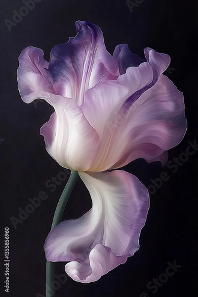 Fototapeta A pink flower, A blurry pastel toned photo of a swirling flower, white, pink and pastel yellow tulip flower with a long stem