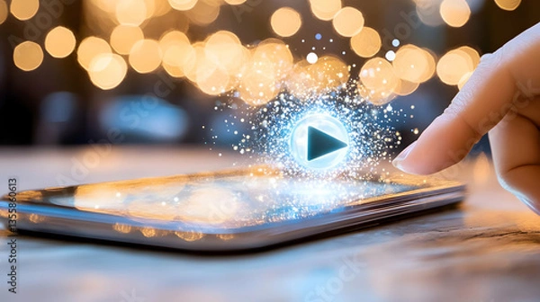 Obraz Index Finger Touching Play Button on Mobile Phone Screen with Bokeh Lights Background Showcasing Modern Technology Communication and Entertainment in Digital Device and Social Network