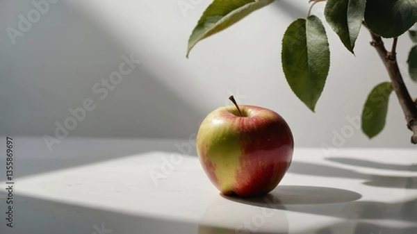 Fototapeta Fresh red apple on a table with a green leaf