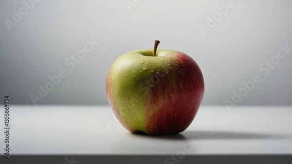 Fototapeta Fresh red apple on a green background and on a table