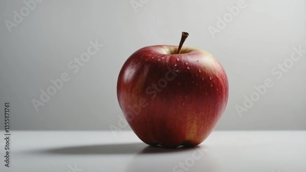Fototapeta Succulent Red Apple: A close-up shot of a perfectly ripe red apple, showcasing its vibrant color and smooth texture with a subtle shadow, embodying freshness and natural goodness.