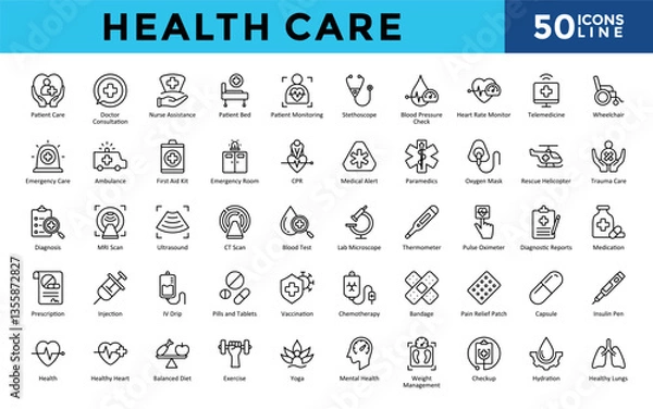 Fototapeta Health Care icons set with patient care, doctor consultation, nurse assistance, patient bed, patient monitoring, stethoscope, blood pressure check, heart rate monitor icon. Simple line vector 
