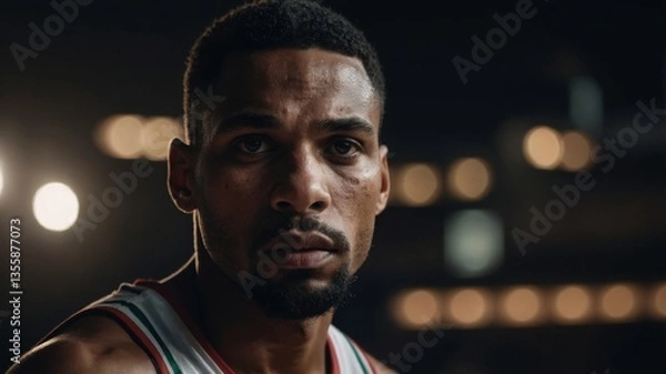 Fototapeta Intense Gaze: A close-up shot of a determined basketball player locking eyes with the camera, illuminated under the arena lights.