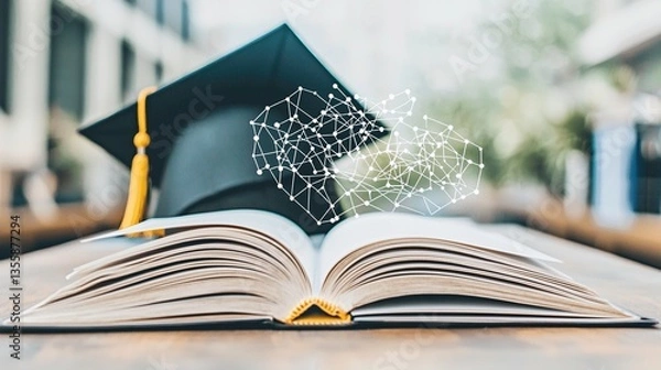 Obraz Graduation cap on open book, knowledge network concept