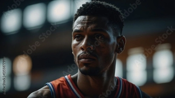 Fototapeta Focused Basketball Player: A determined athlete in vibrant basketball attire, showcasing an intense gaze that captures his unwavering focus and commitment to the game.