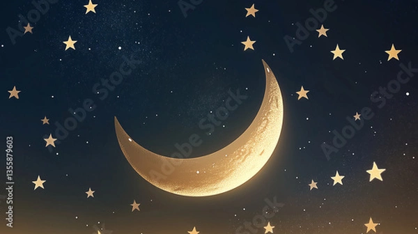 Obraz Crescent Moon with Stars in Night Sky
