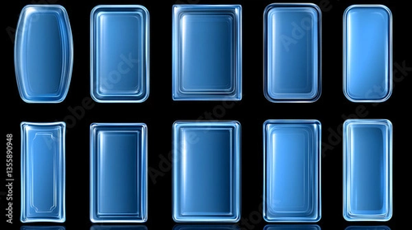 Fototapeta Neon glass frame collection with luminescent geometric elements—blue translucent shapes with radiant borders on a dark backdrop. Various rectangle, circle, and rounded designs with glowing edges.
