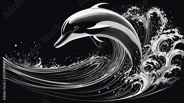 Fototapeta Dolphin Leaping: A monochrome artwork shows a dolphin leaping gracefully through ocean waves, the dynamic imagery creates a sense of freedom, joy, and the wonders of marine life.