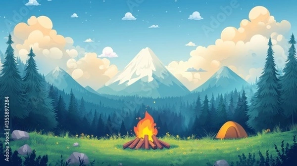 Fototapeta Serene 2D Animated Camping Scene with Mountains and Campfire