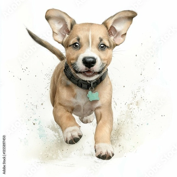 Fototapeta Playful Puppy Running Through Sand with Eager Expression and Flo