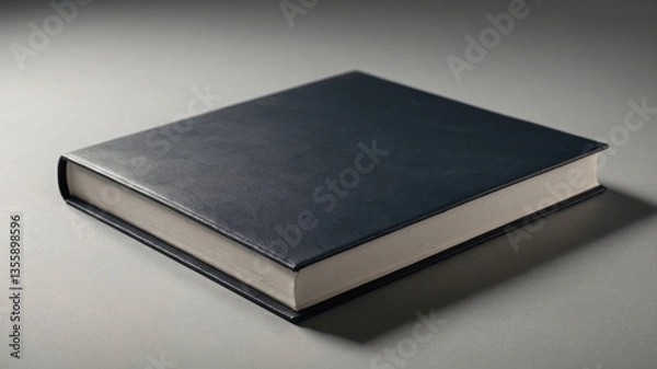 Fototapeta The Elegance of Knowledge: A hardcover book lies closed, its sleek, navy-blue cover hinting at the stories held within, captured in a professional and minimalist style.