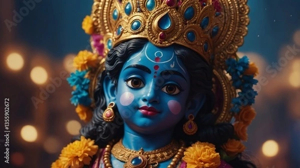 Fototapeta Divine Radiance: A portrait of a deity, resplendent in vibrant colors, adorned with intricate jewelry and a regal crown. The serene expression and traditional attire evoke a sense of divinity.