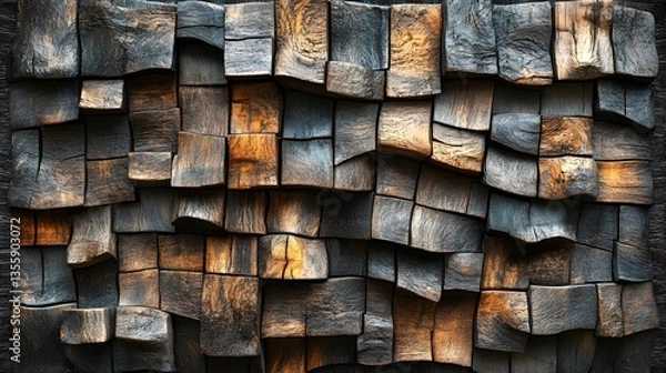 Obraz Wavy Wooden Block Wall Texture Generative Ai