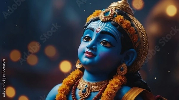 Fototapeta Divine Gaze: A close-up of a blue-skinned figure, with regal attire and captivating gaze. Delicate details capture a sense of serene divinity.