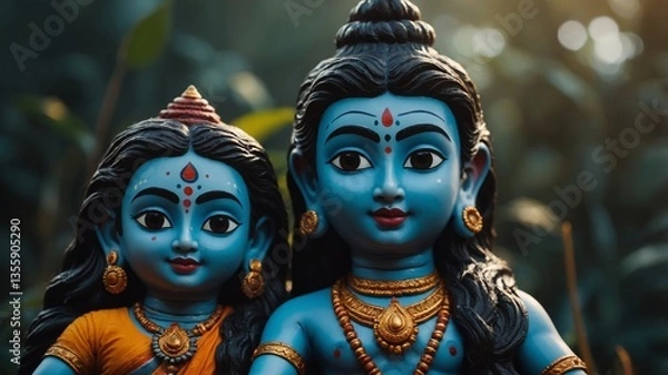 Fototapeta Divine Companions: Two serene Hindu deities, adorned with traditional jewelry and vibrant hues, stand side-by-side, their gentle expressions radiating peace. This image is a testament to devotion.