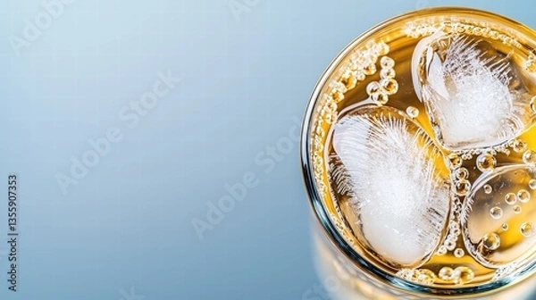 Fototapeta A single glass of crystal clear water filled with ice cubes on a bright sunny table