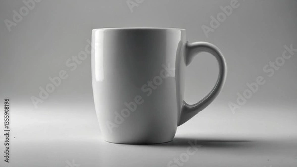 Fototapeta Serene Ceramic Mug: A sleek, pristine ceramic mug stands in stark simplicity, its form defined by gentle curves and a simple handle, all against a minimalist backdrop.
